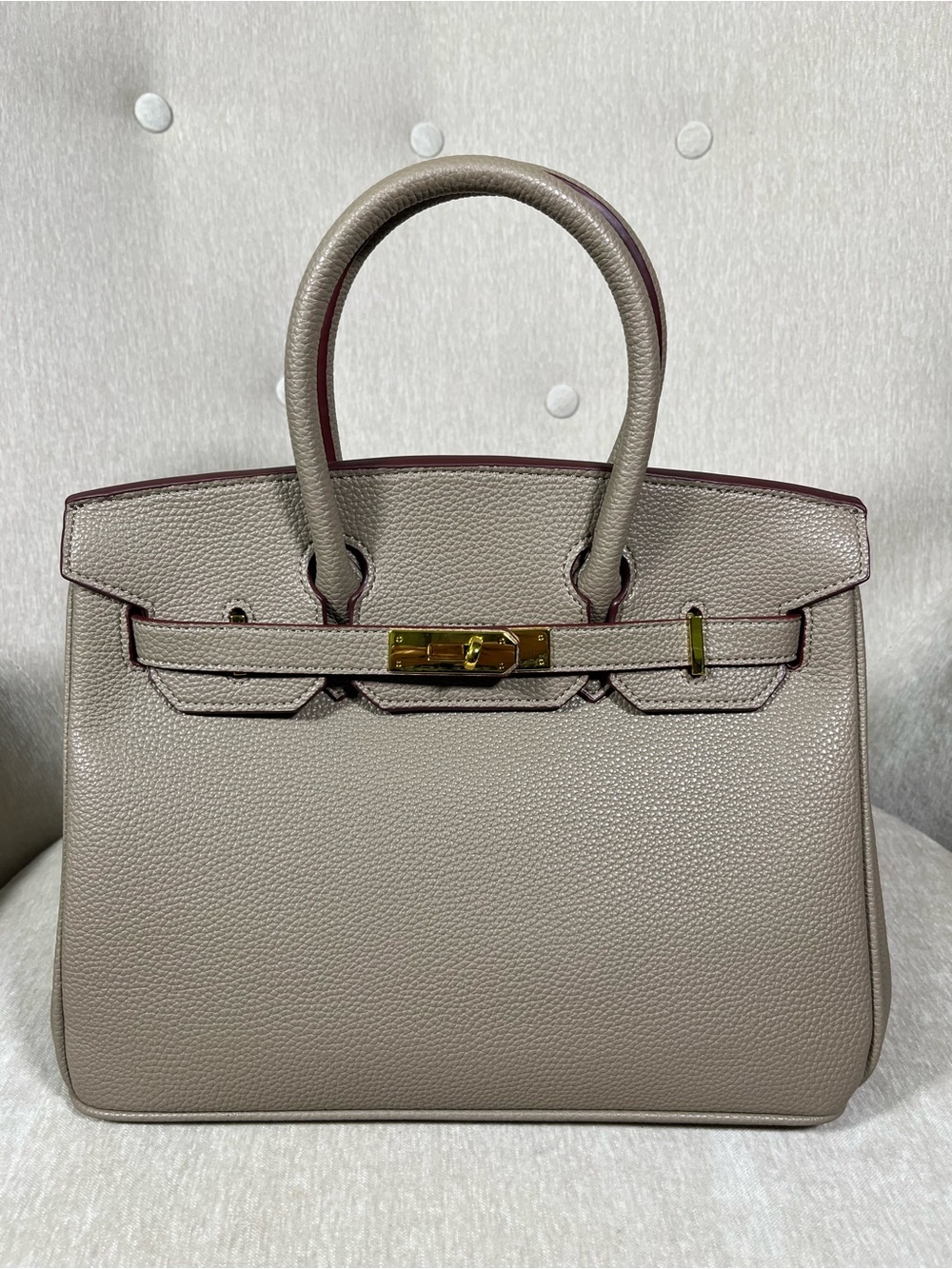 Taupe Leather Structured Top-Handle Bag with Gold Hardware